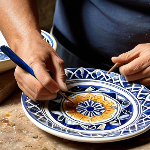 Home 19 **Prompt:** A San Marino artisan carefully hand-painting intricate designs, inspired by San Marino history and nature, onto a traditional ceramic plate in a sunlit workshop. The scene showcases a variety of finished ceramic pieces in the background.