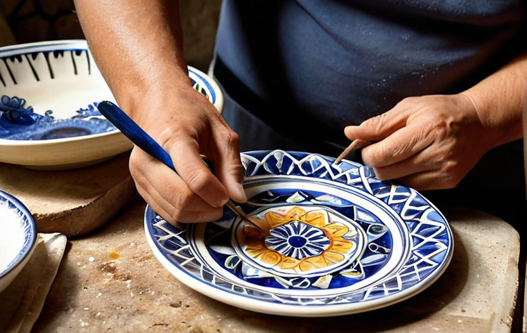 **Prompt:** A San Marino artisan carefully hand-painting intricate designs, inspired by San Marino history and nature, onto a traditional ceramic plate in a sunlit workshop. The scene showcases a variety of finished ceramic pieces in the background.