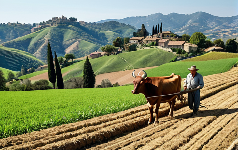 **

A picturesque San Marino farm scene. Rolling green hills, traditional farming with oxen pulling a plow. Farmers hand-sowing seeds. Focus on the natural beauty and traditional methods.

**