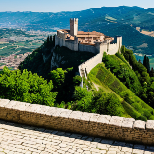 Home 17 **
A panoramic view of Guaita Fortress in San Marino, bathed in warm sunlight. The ancient stone walls contrast with the lush green landscape below. In the foreground, a fully clothed tourist is taking a photograph with a camera. Focus on capturing the historical architecture and scenic beauty. Safe for work, appropriate content, fully clothed, professional photography, perfect anatomy, natural proportions.
**