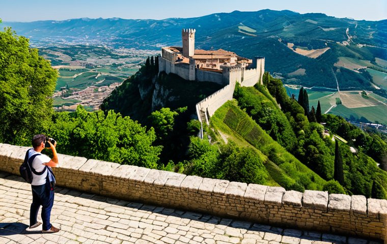 **

A panoramic view of Guaita Fortress in San Marino, bathed in warm sunlight. The ancient stone walls contrast with the lush green landscape below. In the foreground, a fully clothed tourist is taking a photograph with a camera.  Focus on capturing the historical architecture and scenic beauty. Safe for work, appropriate content, fully clothed, professional photography, perfect anatomy, natural proportions.

**