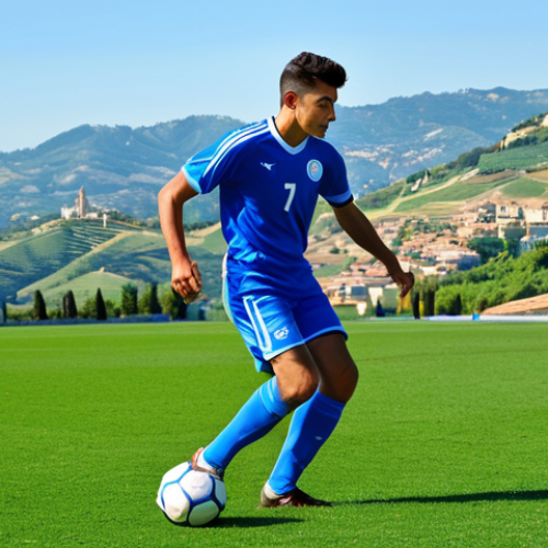 Home 8 **
"A determined San Marino football player in a fully clothed, modest jersey, kicking a soccer ball on a green field. Background shows the rolling hills of San Marino under a bright blue sky. The scene evokes a sense of national pride and dedication. Safe for work, appropriate content, family-friendly, perfect anatomy, natural pose, professional sportswear, high quality."
**