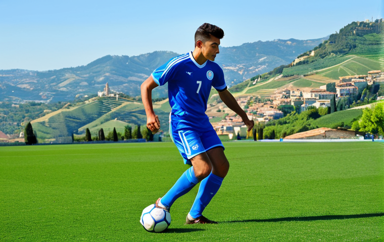 **

"A determined San Marino football player in a fully clothed, modest jersey, kicking a soccer ball on a green field. Background shows the rolling hills of San Marino under a bright blue sky. The scene evokes a sense of national pride and dedication. Safe for work, appropriate content, family-friendly, perfect anatomy, natural pose, professional sportswear, high quality."

**