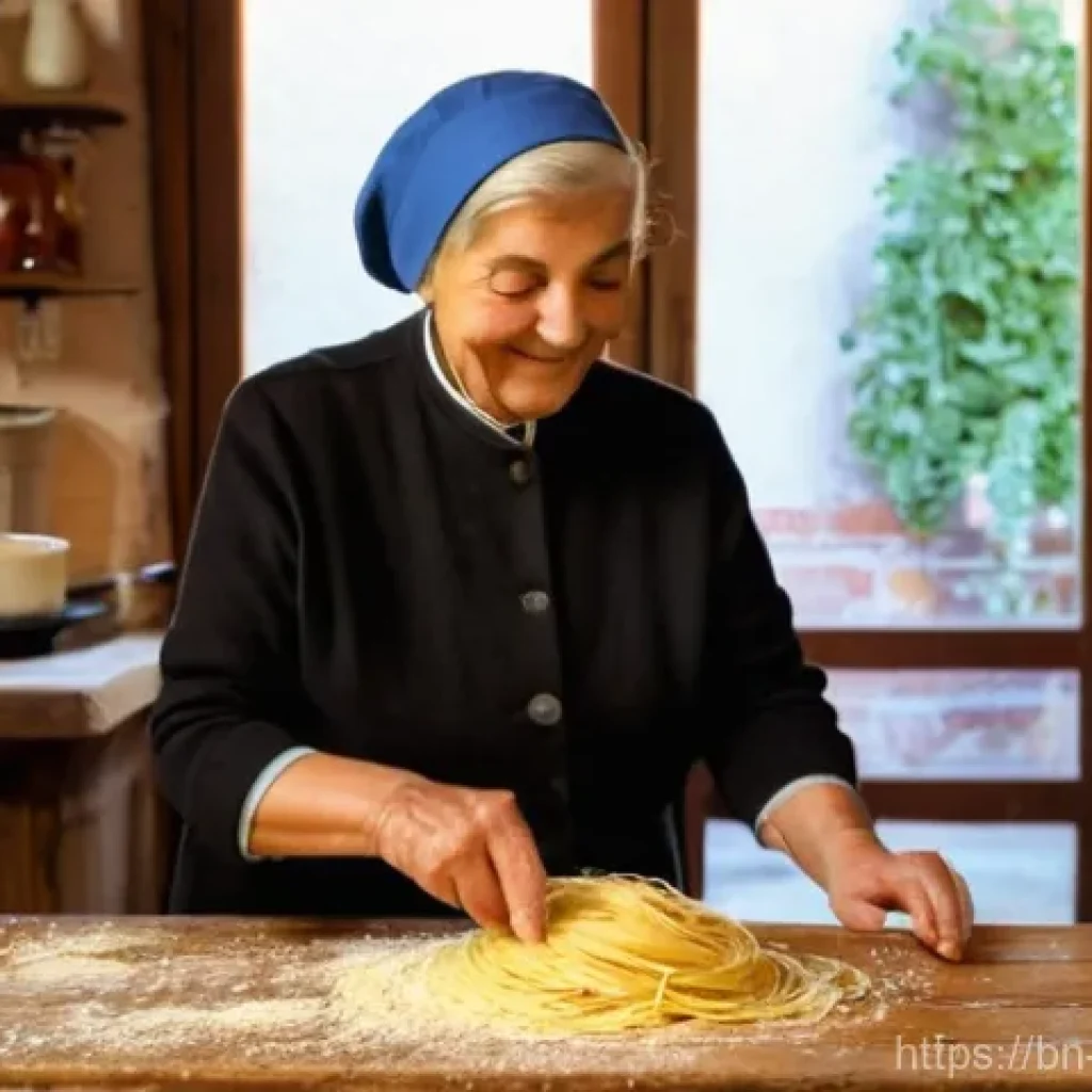 산마리노의 특산물 및 와인 - **Prompt:** A cozy, sunlit interior of a traditional San Marino family restaurant. An elderly woman,...