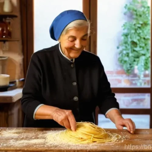 산마리노의 특산물 및 와인 - **Prompt:** A cozy, sunlit interior of a traditional San Marino family restaurant. An elderly woman,...