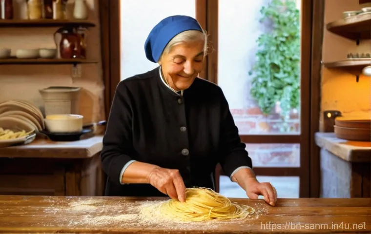 산마리노의 특산물 및 와인 - **Prompt:** A cozy, sunlit interior of a traditional San Marino family restaurant. An elderly woman,...