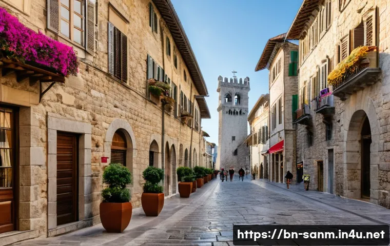 산마리노에서 활동하는 기업 및 브랜드 - **Prompt:** A picturesque and lively outdoor scene in San Marino, capturing the essence of its touri...