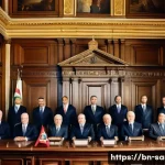 산마리노에서의 정치적 이슈 - A detailed political scene inside the historic government chamber of San Marino, showcasing two Cons...