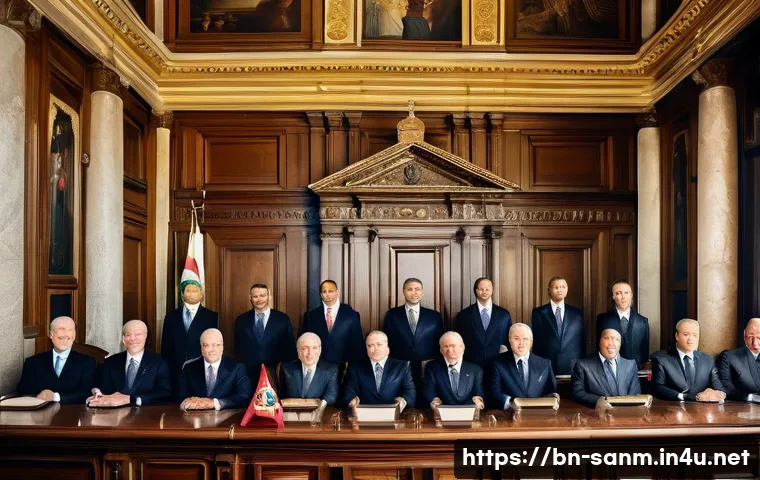 산마리노에서의 정치적 이슈 - A detailed political scene inside the historic government chamber of San Marino, showcasing two Cons...