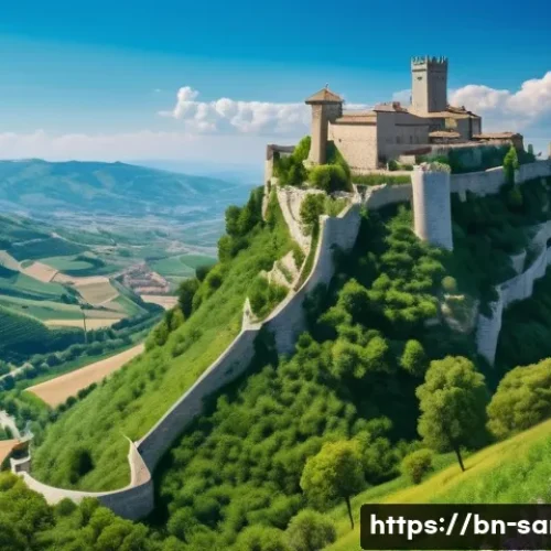 산마리노 중세 시대 역사 - A detailed medieval San Marino fortress perched atop a rugged mountain peak, featuring thick stone w...