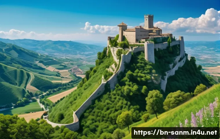 산마리노 중세 시대 역사 - A detailed medieval San Marino fortress perched atop a rugged mountain peak, featuring thick stone w...