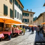 산마리노까지 가는 방법 - A vibrant street scene in San Marino featuring budget travelers exploring local food stalls with col...