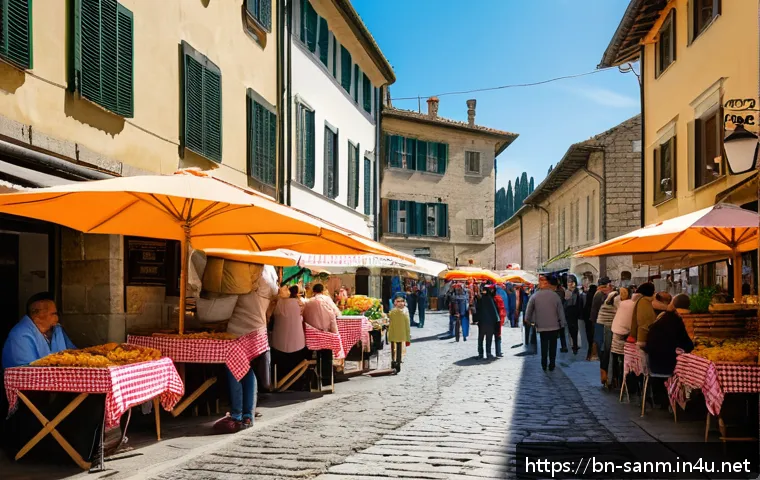 산마리노까지 가는 방법 - A vibrant street scene in San Marino featuring budget travelers exploring local food stalls with col...