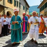 산마리노 내 종교 및 신앙 생활 - A vibrant scene of a traditional religious festival in San Marino&rsquo;s small village, blending ancient ...