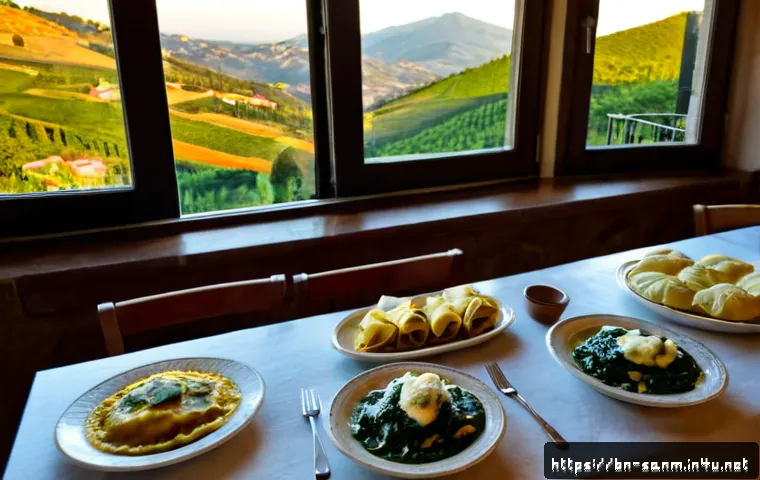 산마리노 음식 문화 - Photorealistic traditional San Marino mountain trattoria table, handmade ravioli filled with ricotta...
