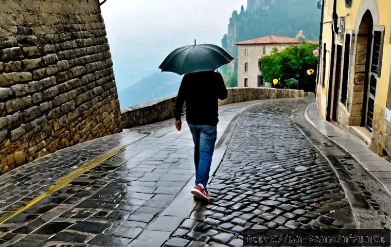 산마리노 여행 시 주의할 점 - Photorealistic travel safety scene in San Marino’s historic hilltop old town, a cautious South Asian...