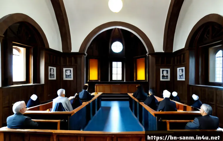 산마리노 헌법 및 정치 체계 - Photorealistic interior of San Marino’s historic parliamentary chamber, two formally dressed civic l...